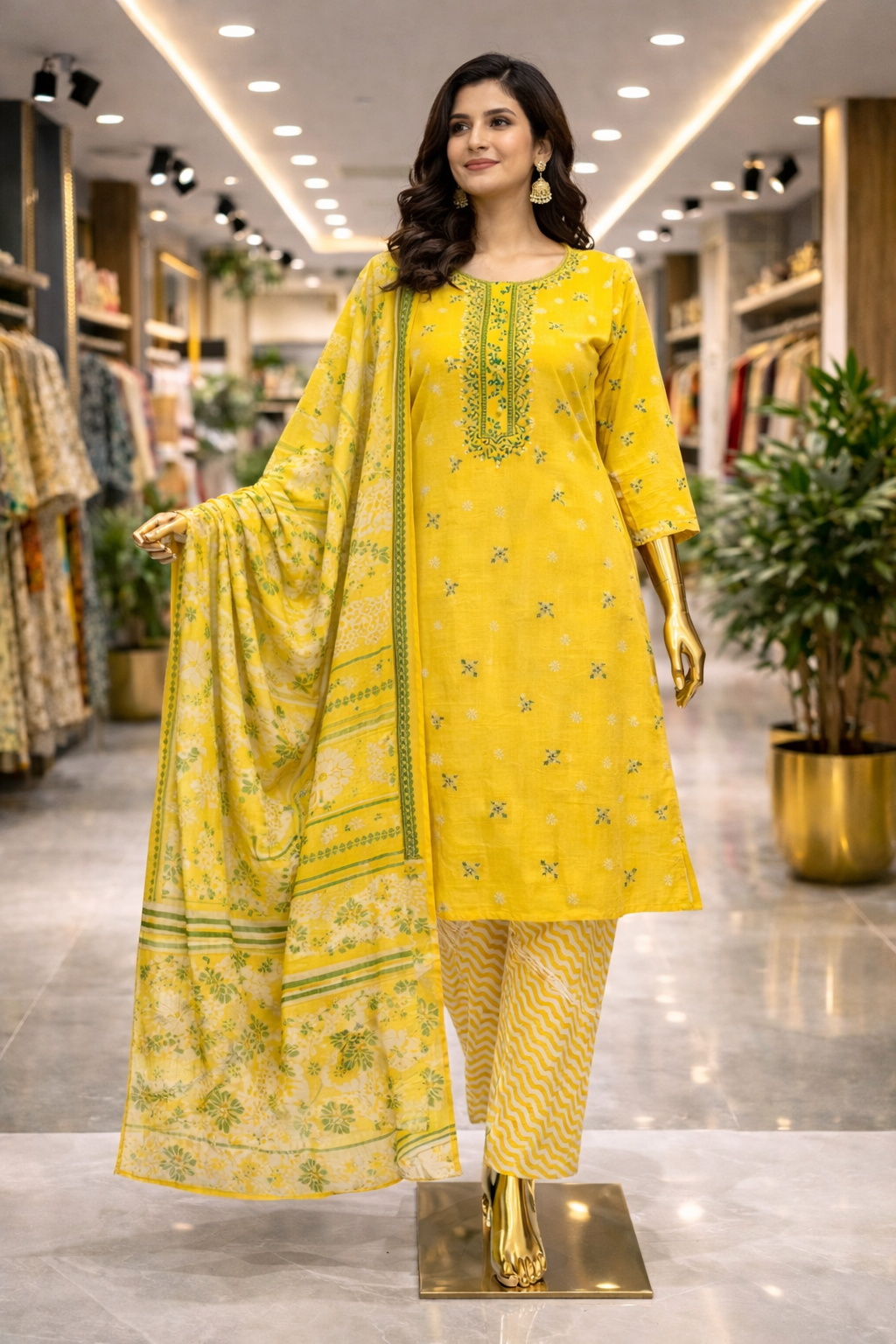 Sunheri Yellow Cotton Suit Set